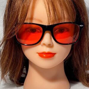 1189 Sunglasses Oversize Black Frame Red Lenses UV Protection NWOT